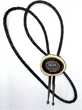 VTG Real Silver Elk on Faux Antler Bolo Tie Black Leather Cord